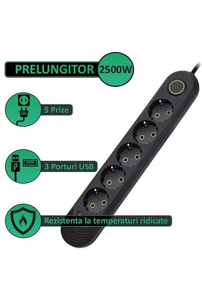 NEXTLY Extension Cord With 5 Sockets And 3 USB Ports, Switch, Hanging Bracket, Durable