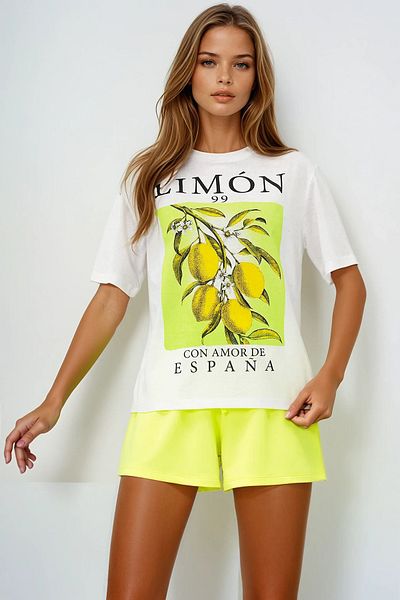 VAGGON Women's Lemon Yellow Lemon Printed Cotton Basic Pajama Set With T-shirt And Shorts Pjmx13903
