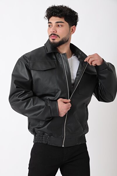 Stilkombin Faux Leather Coat with Large Pocket Cover_50391