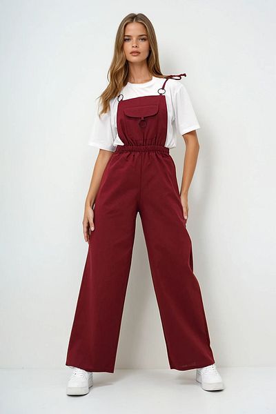 VAGGON Women's Burgundy Front Pocket Strap Ring Detailed Aerobin Salopet Trousers Prmx13581