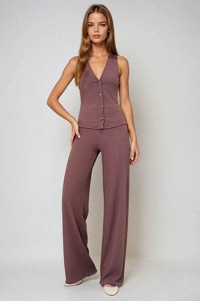 VAGGON Women's Brown V-Neck Buttoned Vest and Pants Set Prmx13583