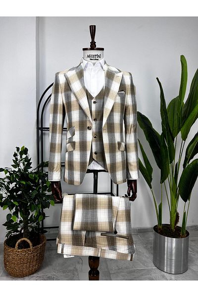 AGUSTİNİ Beige Plaid Handkerchief Vest Suit Pointed Collar Slim Fit Pattern |   Agustini