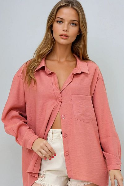 VAGGON Women's Tile Single Pocket Linen Blended Oversize Shirt Prmx13964