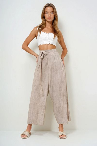 VAGGON Pantaloni Aerobin cu tăietură largi, bej, cu șireturi, Prmx13896
