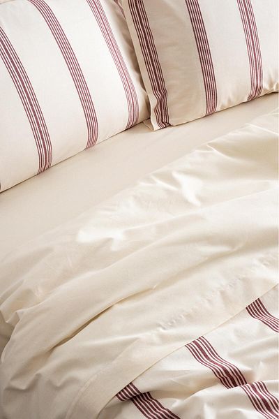 Denizli Concept Claret Red Striped Duvet Cover Set - 100% Cotton Double Duvet Cover Set - with Sheets