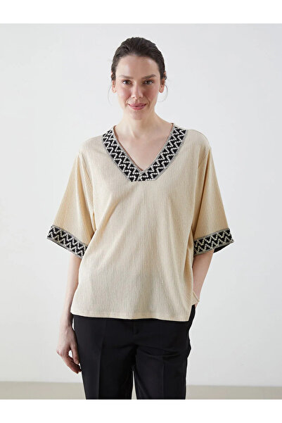 LC Waikiki Lcwaikiki classic beige v-neck patterned women's blouse