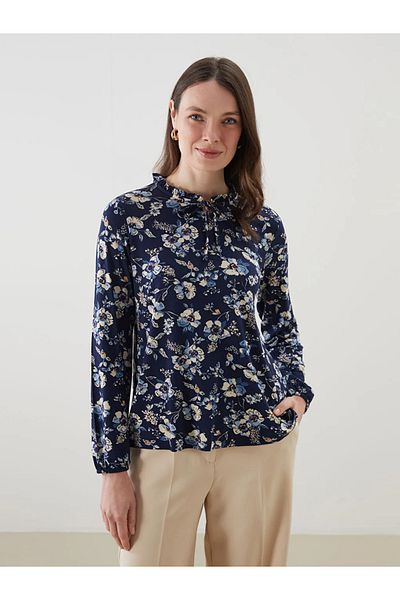LC Waikiki Γυναικεία μπλούζα LCW Grace Navy Blue με δεμένο γιακά με λουλούδια