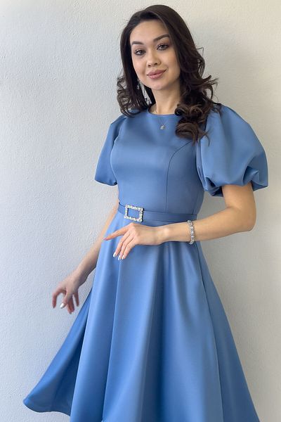 zks grup tekstil Rochie de seară din satin de lungime midi cu mâneci cu balon indigo pentru femei