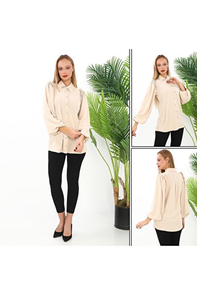 GND TEKSTİL Gnd Kadın Taş Detaylı Gömlek – Uzun Kollu Şık Düğmeli Bluz Modeli
