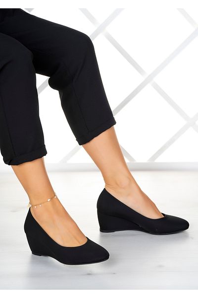 Erkan Saçmacı Maya Black Crepe Wedge Heeled Shoes