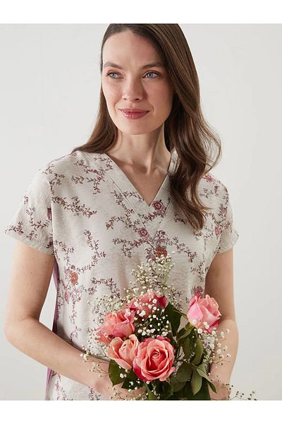 LC Waikiki Bluză de damă LCW Grace Ecru cu decolteu în V floral