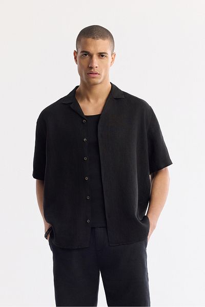 Avva Men's Black Apaj Collar 100% Linen Short Sleeve Relaxed Fit Shirt A51Y2209
