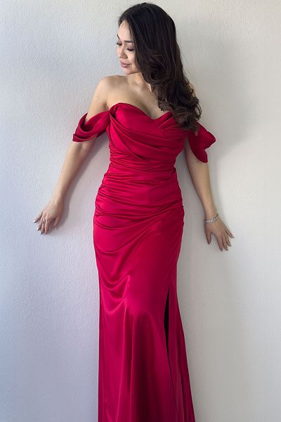 zks grup tekstil Women's Backless Off Shoulder Draped Slit Satin Evening Dress Black, Red, Navy