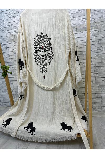 Befera Design Muslin Kimono 100% Cotton Lion Printed Patterned Bathrobe Kaftan Dressing Gown