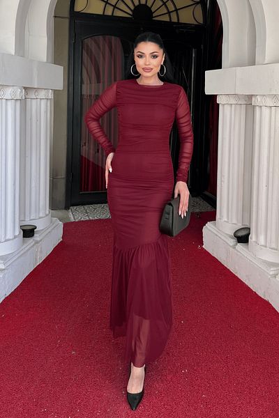 giyimmasalı Tulle Fabric Gather Detailed Pencil Dress - Bordo