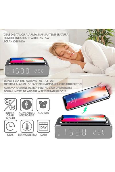 NEXTLY Digital clock with alarm and temperature sensor, NEXTLY, wireless charging function for phone