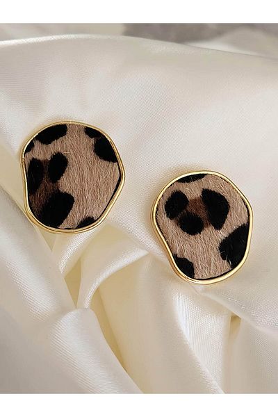 Eva Takı Store Leopard Asymmetrical Oval Round Model Earrings