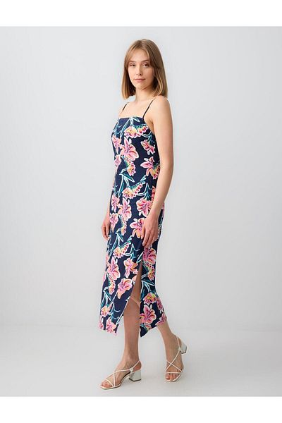 Jimmy Key Rochie midi din in, cu bretele, cu modele florale