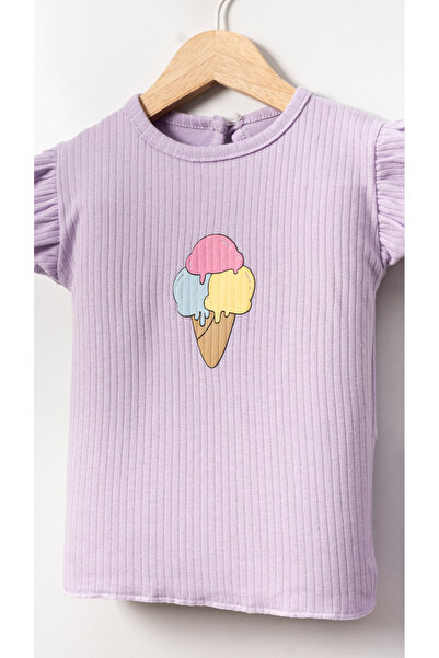 Bubito Cotton Baby Girl Shorts Set - Embossed and Ice Cream Image, Purple