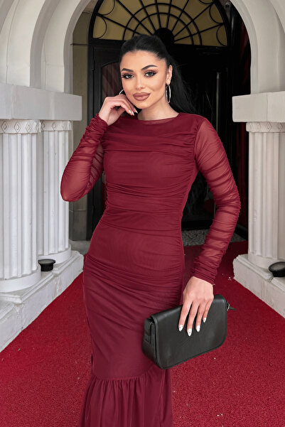 giyimmasalı Tulle Fabric Gather Detailed Pencil Dress - Bordo