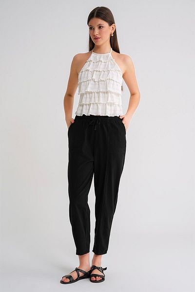Mixray 4436 Women's Linen Striped Shalwar Trousers Black