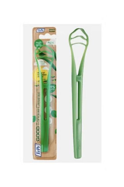 TePe Tippy Good Tongue Cleaner is a bioplastic tongue cleaner for adults and children, with a plastic scraper.