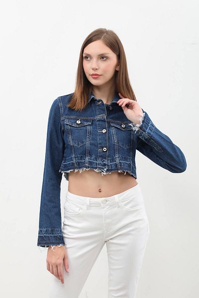 Bluewhite Jachetă de jeans crop pentru femei cu ciucuri