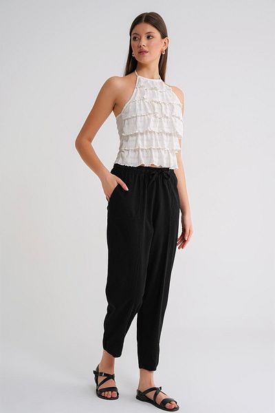 Mixray 4436 Women's Linen Striped Shalwar Trousers Black