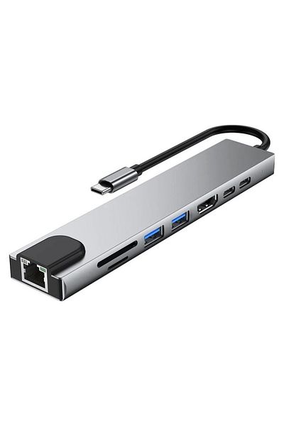 NEXTLY Hub USB Tip C cu 8 porturi, NEXTLY, adaptor multiport, 1x HDMI, 2x USB A, 2x USB C, 1x RJ45 100MBps
