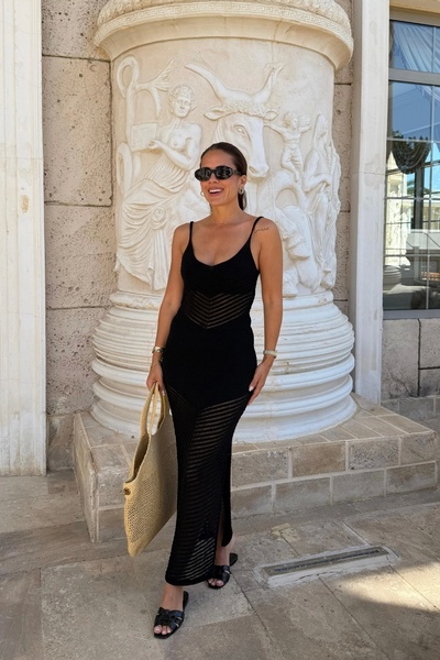 Purple by Banu Transparan Detay Askılı Triko Elbise