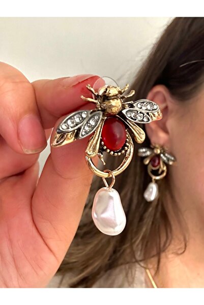 ALS Tasarım Dünyası Kadın Gold Renk Geçişli Zirkon Taşlı Arı Figürlü Ucu İncili küpe