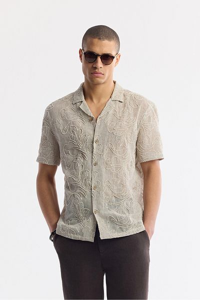Avva Men's Stone Apaj Collar Brode Detailed Short Sleeve Shirt A51Y2124