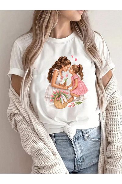 Let's Wear Μπλουζάκι με στάμπα για γυναίκες και κορίτσια με γιακά ποδηλάτου για μαμά και κορίτσι