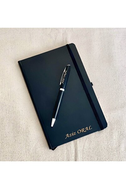 Gift Moda Kişiye Özel Siyah Deri Defter ve Roller Tükenmez Kalem