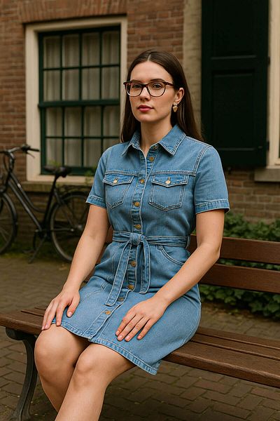 Bluewhite Rochie de jeans cu mânecă scurtă pentru femei albastru alb