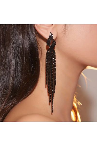 SE Jewellery Collection Selin Ersoy Black Stone Spiral Model Long Tassel Dangle Women's Evening Dress Earrings