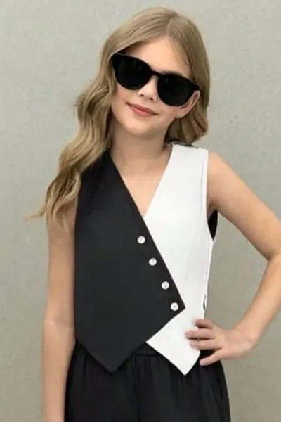 Riccotarz Girl Asymmetrical Cut Double Color Vest Palazzo Pants Black Bottom Top Set