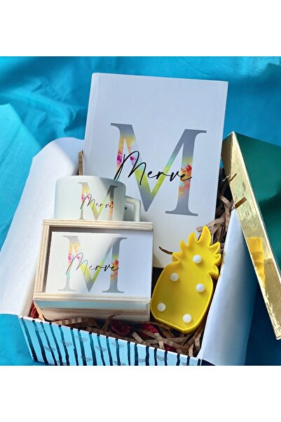 Gift Moda Kişiye Özel Harfli Ajanda Kutulu Kupa Ve Mini Ananas Led Işık Hediy...
