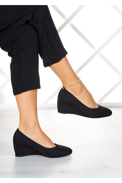 Erkan Saçmacı Maya Black Crepe Wedge Heeled Shoes