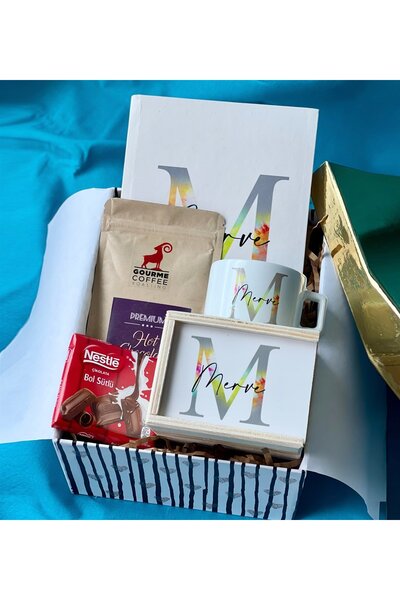 Gift Moda Kişiye Özel Harfli Ajanda Kutulu Kupa Sıcak Çikolata Ve Çikolata Hediye Seti