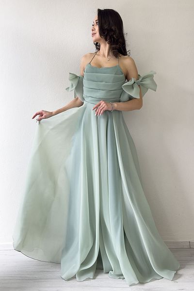 the ZKS Women's Front Draped Halter Neck Bow Sleeve Detail Organza Evening Dress Baby Blue, Aqua Green