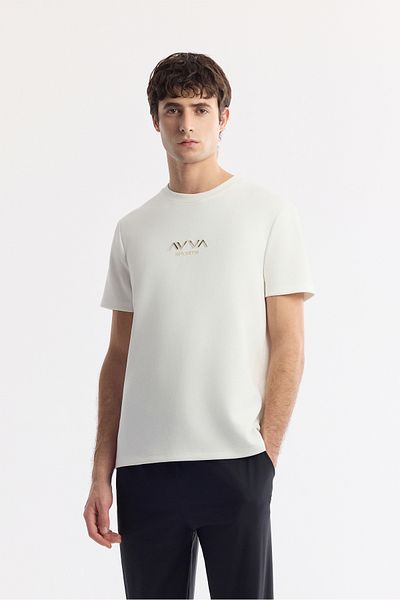 Avva Men's Ecru Crew Neck Hologram Printed Interlock T-Shirt A51Y1006