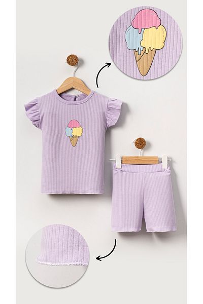 Bubito Cotton Baby Girl Shorts Set - Embossed and Ice Cream Image, Purple