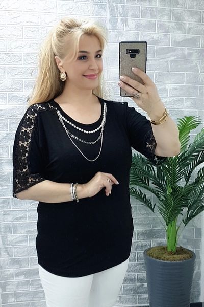 Bİ.GİYSEN Women's Large Size Black Shoulders Laced Detachable Pearl Necklace Lycra Buluz