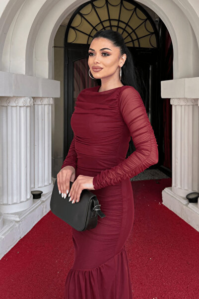 giyimmasalı Tulle Fabric Gather Detailed Pencil Dress - Bordo