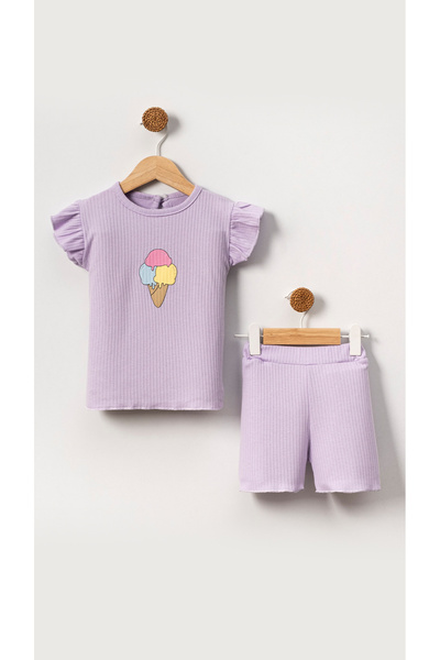 Bubito Cotton Baby Girl Shorts Set - Embossed and Ice Cream Image, Purple