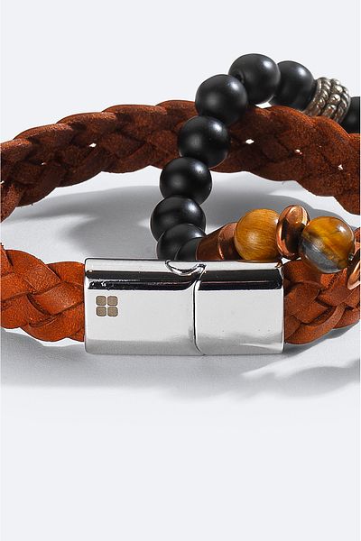 Avva Men's Brown Leather and Stone Bracelet A51Y9607