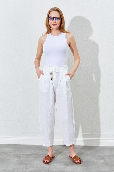 TENA Pantaloni de in pentru femei, ecru, cu talie elastică, tăiați morcov