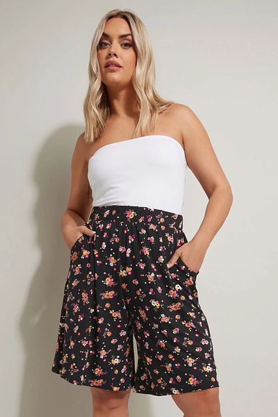 Stil Diva Plus Size Elastic Waist Patterned Loose Cut Lycra Shorts with Pockets 145291