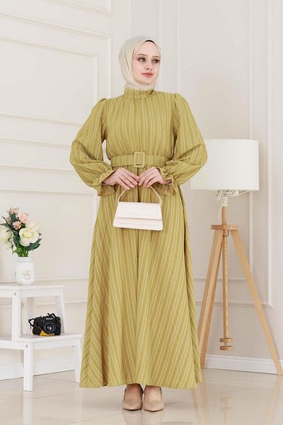 Sevitli Henna Dress with Flounces and Belted Sleeves-Mustard